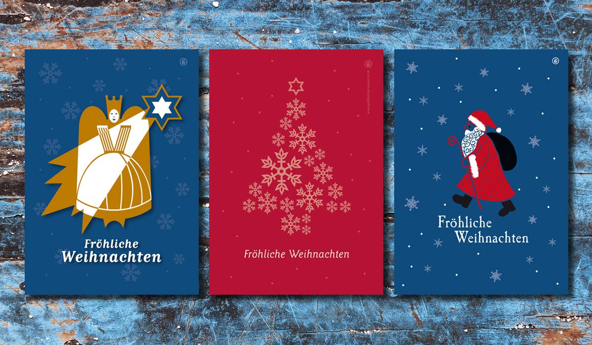 Gestaltung Firmenpostkarte Weihnachten Postkarte Layout Weihnachtskarte Grafikdesign Engel Weihnachtsbaum Weihnachtsmann Papperitz